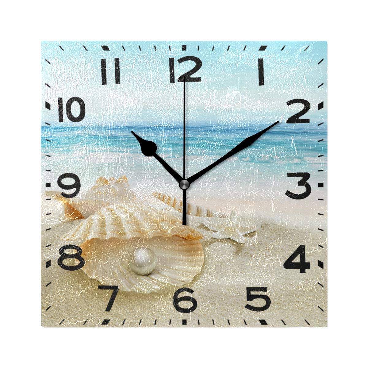 Naanle 3D Stylish Beautiful Summer Beach Seashell with Big Pearl Print Square Wall Clock Decorative, 8 Inch Battery Operated Quartz Analog Quiet Desk Clock for Home,Office,School