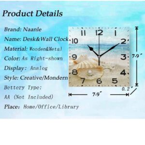 Naanle 3D Stylish Beautiful Summer Beach Seashell with Big Pearl Print Square Wall Clock Decorative, 8 Inch Battery Operated Quartz Analog Quiet Desk Clock for Home,Office,School