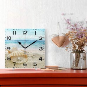 Naanle 3D Stylish Beautiful Summer Beach Seashell with Big Pearl Print Square Wall Clock Decorative, 8 Inch Battery Operated Quartz Analog Quiet Desk Clock for Home,Office,School