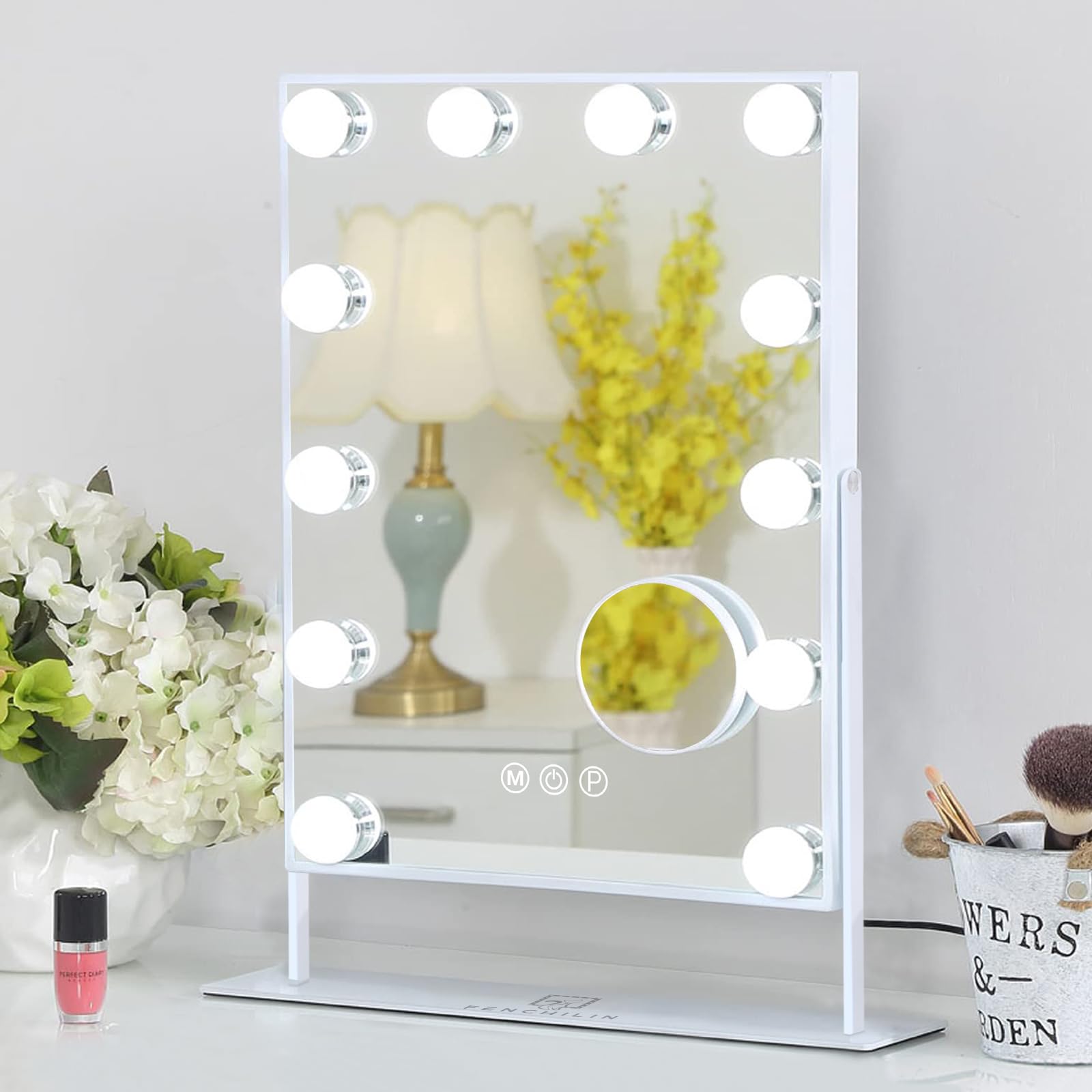 FENCHILIN Lighted Makeup Mirror Hollywood Mirror Vanity Makeup Mirror with Light Smart Touch Control 3Colors Dimmable Light Detachable 10X Magnification 360°Rotation(White)