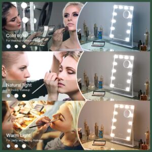 FENCHILIN Lighted Makeup Mirror Hollywood Mirror Vanity Makeup Mirror with Light Smart Touch Control 3Colors Dimmable Light Detachable 10X Magnification 360°Rotation(White)