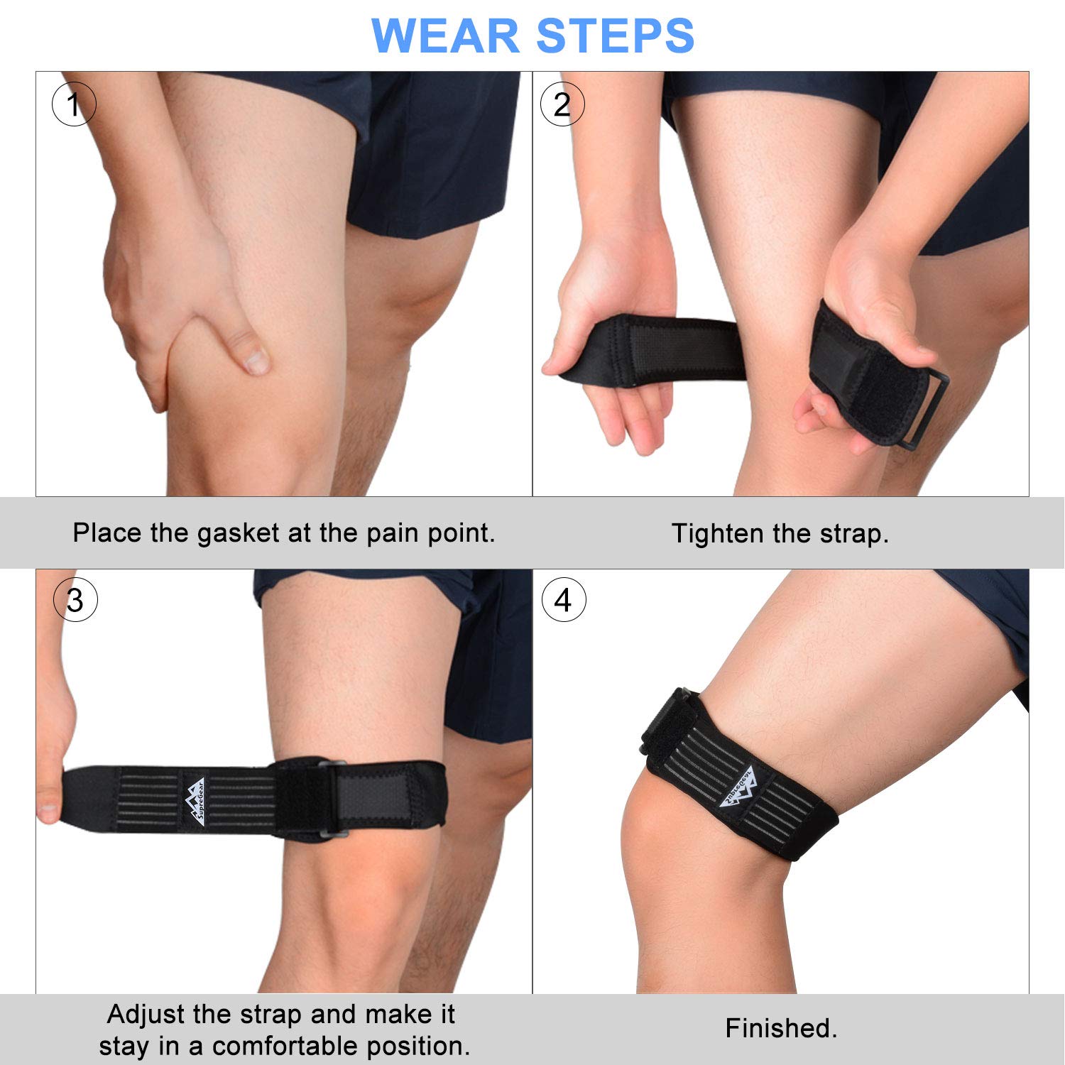 supregear IT Band Strap, Adjustable Iliotibial Band - Knee, Thigh, Hip & ITB Syndrome Support - Extra Compression Stabilizer for Patellar Tendonitis and Osgood Schlatters Woman Men