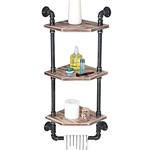 MBQQ Industrial Pipe Shelf,Rustic Corner Shelves with Towel Bar,Bathroom Shelves Wall Mounted,3 Tiered Metal&Real Wood Home Decor Floating Shelves