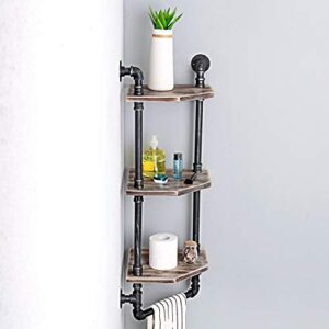 MBQQ Industrial Pipe Shelf,Rustic Corner Shelves with Towel Bar,Bathroom Shelves Wall Mounted,3 Tiered Metal&Real Wood Home Decor Floating Shelves