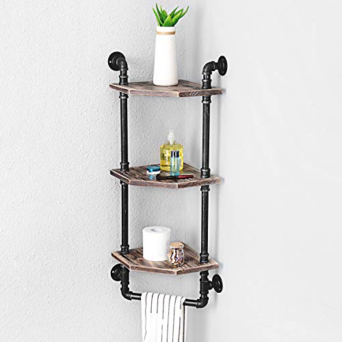 MBQQ Industrial Pipe Shelf,Rustic Corner Shelves with Towel Bar,Bathroom Shelves Wall Mounted,3 Tiered Metal&Real Wood Home Decor Floating Shelves