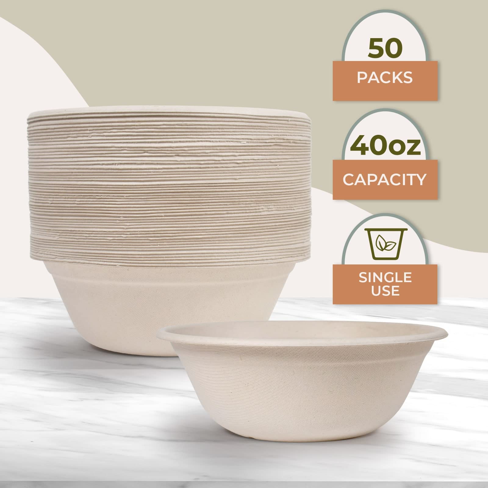 Upper Midland Products 40 oz Disposable Eco Bowls Large 50 Pack Beige