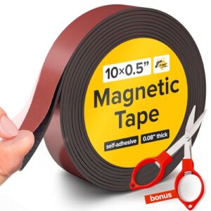 flexible magnetic tape - 1/2 inch x 10 feet magnetic strip with strong self adhesive - ideal magnetic roll tape for diy and craft projects - sticky magnets for refrigerator and dry erase board