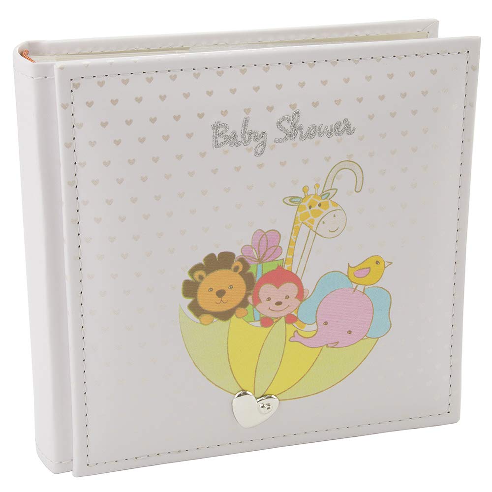 White Noah's Ark Baby Shower Photo Album with Colorful Animals and Silver Hearts Holds 80 4x6 Pictures - Lovely Baby Shower Token Idea