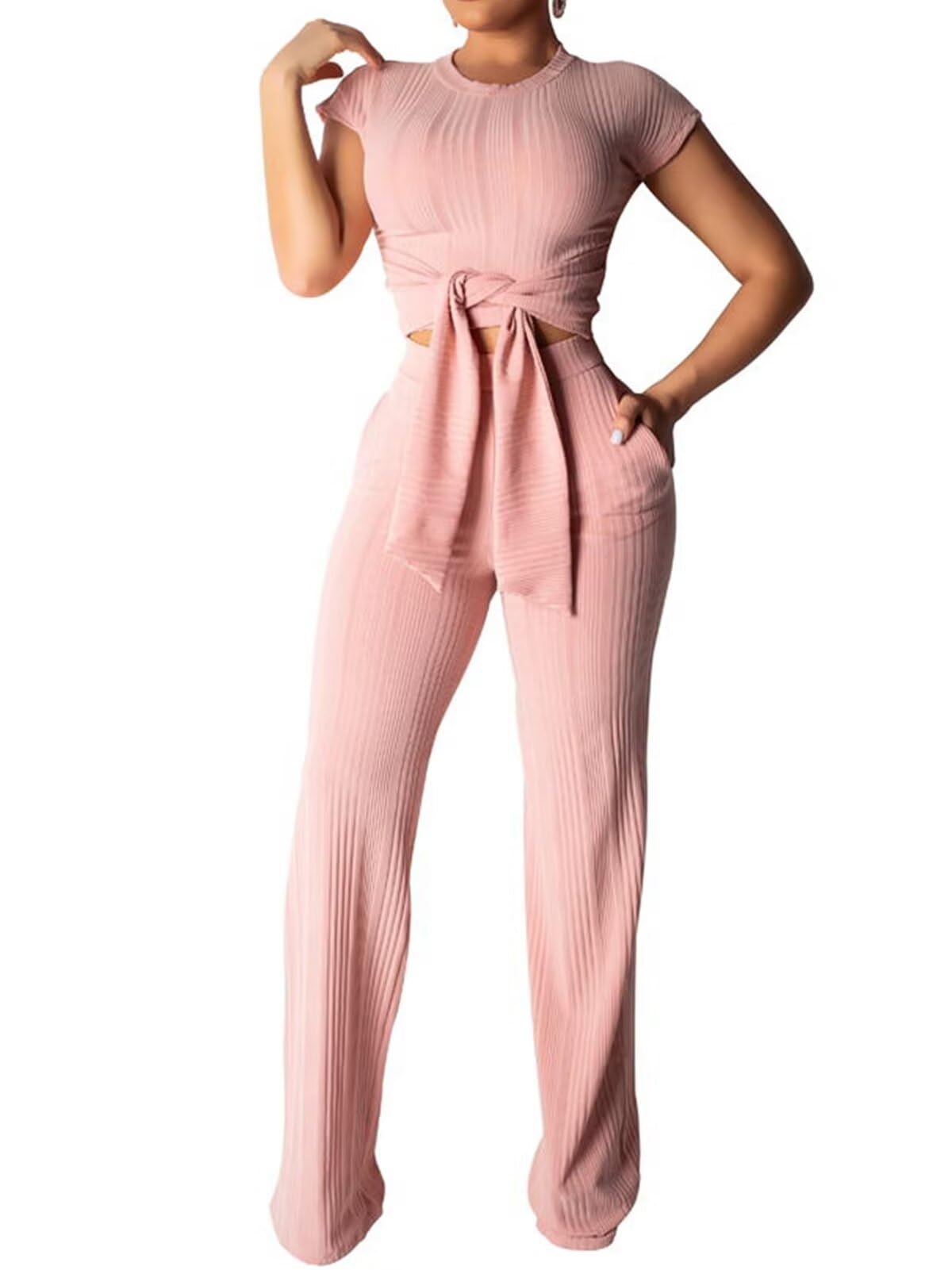 Women 2 Piece Outfits Summer Two Piece Pants Sets Sexy Tie Front Crop Top Wide Leg Casual Ribbed Outfit Pink Large