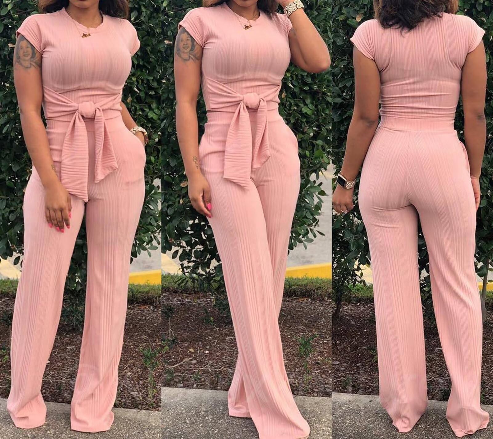 Women 2 Piece Outfits Summer Two Piece Pants Sets Sexy Tie Front Crop Top Wide Leg Casual Ribbed Outfit Pink Large