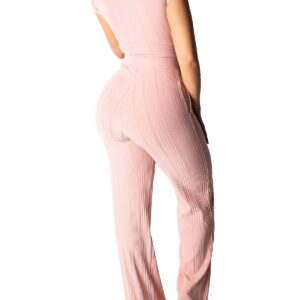 Women 2 Piece Outfits Summer Two Piece Pants Sets Sexy Tie Front Crop Top Wide Leg Casual Ribbed Outfit Pink Large