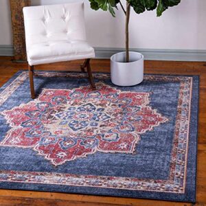 unique loom utopia collection traditional classic vintage inspired area rug with warm hues, 7' square, dark blue/beige