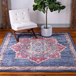 Unique Loom Utopia Collection Traditional Classic Vintage Inspired Area Rug with Warm Hues, 7' Square, Dark Blue/Beige