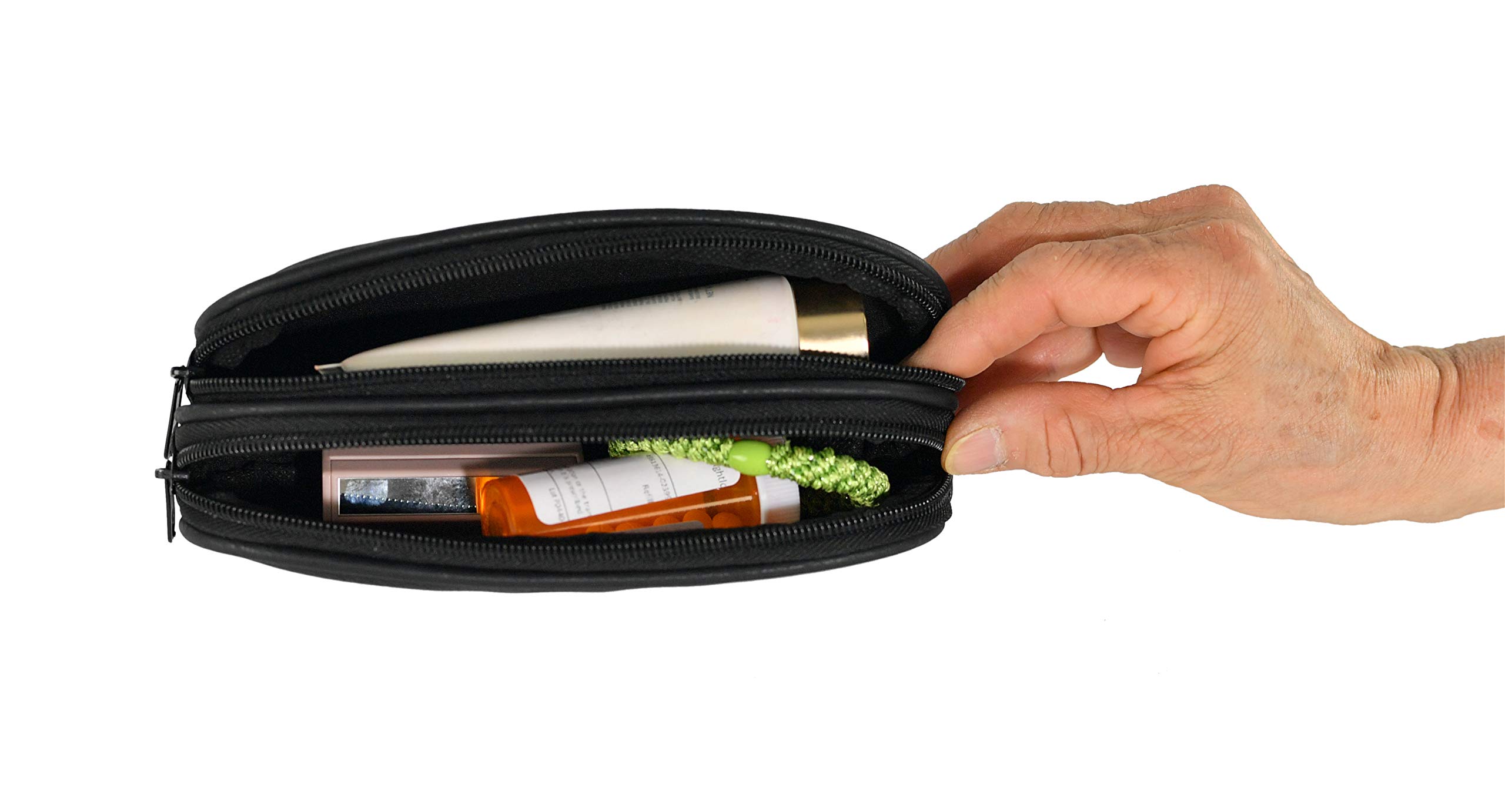 HOME-X Double Eyeglass Holder, Black Leather Pouch with 2 Compartments, Travel Bag, Toiletry Pack, Pencil Case