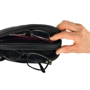 HOME-X Double Eyeglass Holder, Black Leather Pouch with 2 Compartments, Travel Bag, Toiletry Pack, Pencil Case