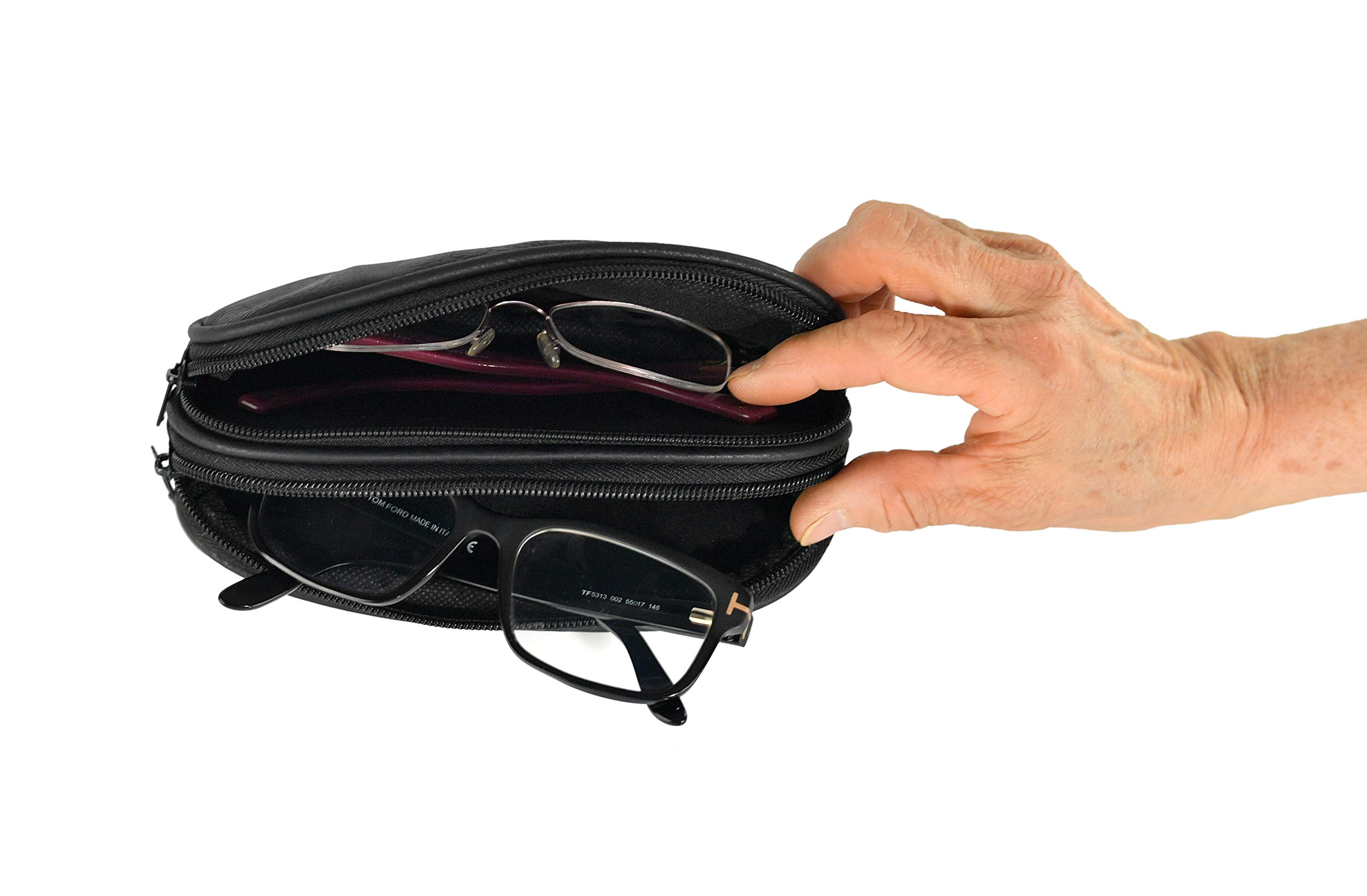 HOME-X Double Eyeglass Holder, Black Leather Pouch with 2 Compartments, Travel Bag, Toiletry Pack, Pencil Case