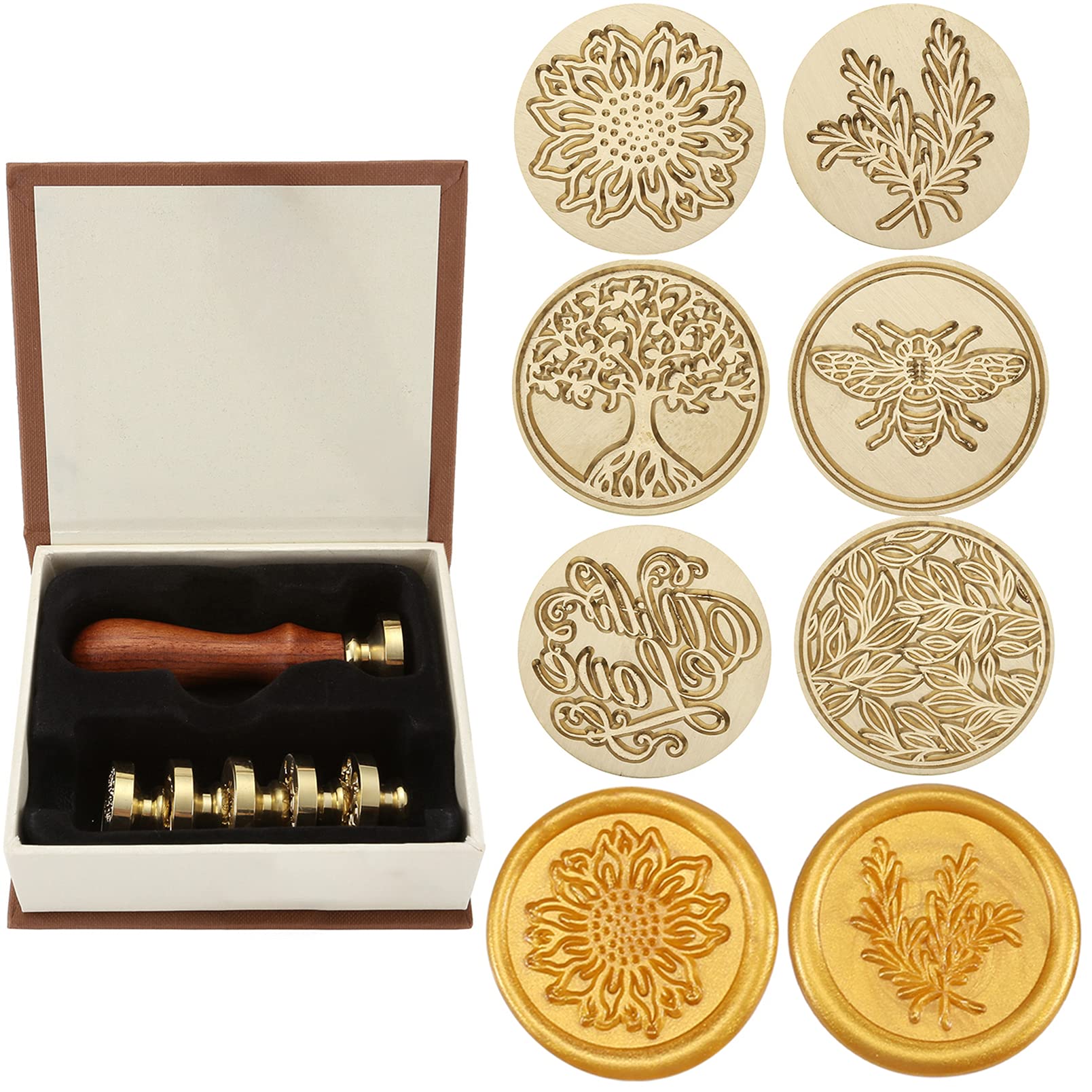 Wax Seal Stamp Set,Yoption 6 Pieces Plant Series Sealing Wax Stamp Heads + 1 Wooden Hilt, Vintage Seal Wax Stamp Kit with Gift Box (Sunflower+Tree of Life+Bee+with Love+Rosemary+Leaves)