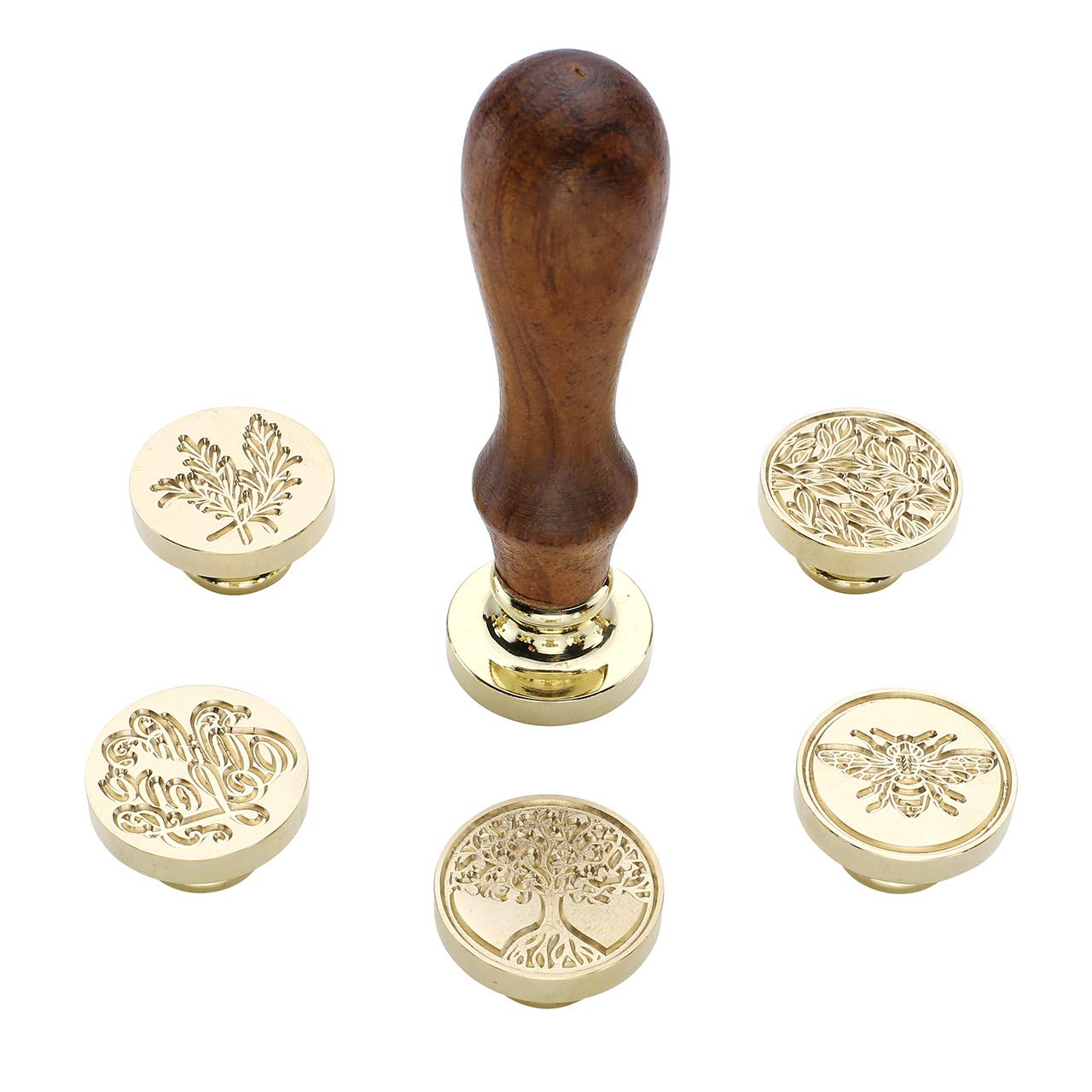 Wax Seal Stamp Set,Yoption 6 Pieces Plant Series Sealing Wax Stamp Heads + 1 Wooden Hilt, Vintage Seal Wax Stamp Kit with Gift Box (Sunflower+Tree of Life+Bee+with Love+Rosemary+Leaves)