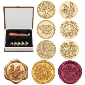 Wax Seal Stamp Set,Yoption 6 Pieces Plant Series Sealing Wax Stamp Heads + 1 Wooden Hilt, Vintage Seal Wax Stamp Kit with Gift Box (Sunflower+Tree of Life+Bee+with Love+Rosemary+Leaves)