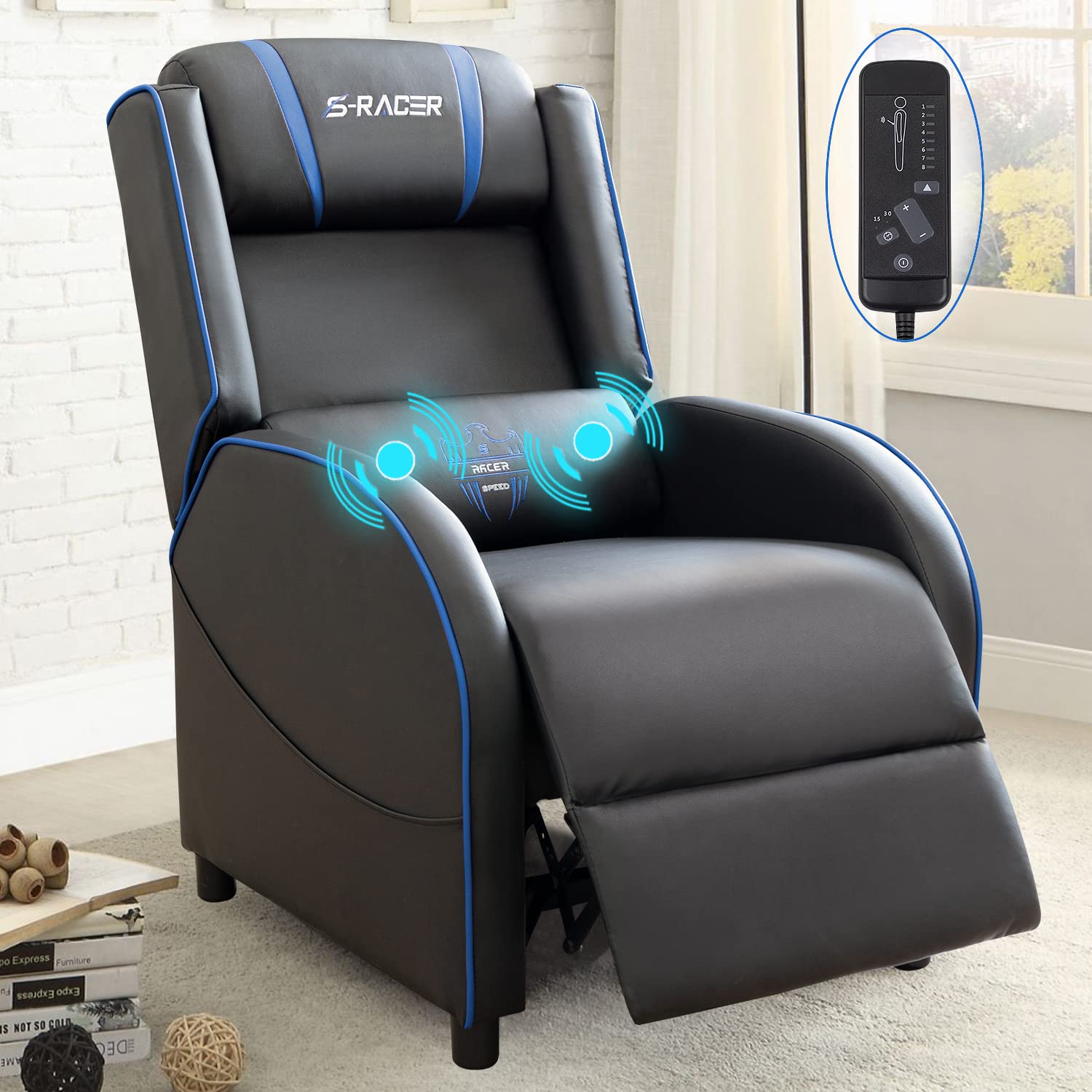 Homall Massage Gaming Recliner Chair, Racing Style Gaming Sofa, PU Leather Home Theater Seating, Modern Living Room Recliners Ergonomic Comfortable Gamer Lounge(Blue)