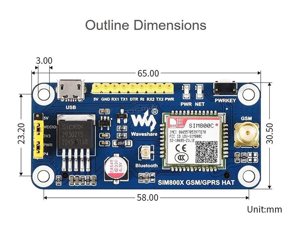 GSM GPRS Bluetooth HAT Based on SIM800C Wireless Internet Compatible with Raspberry Pi 2 3 4 Model B B+ Zero W WH @XYGStudy