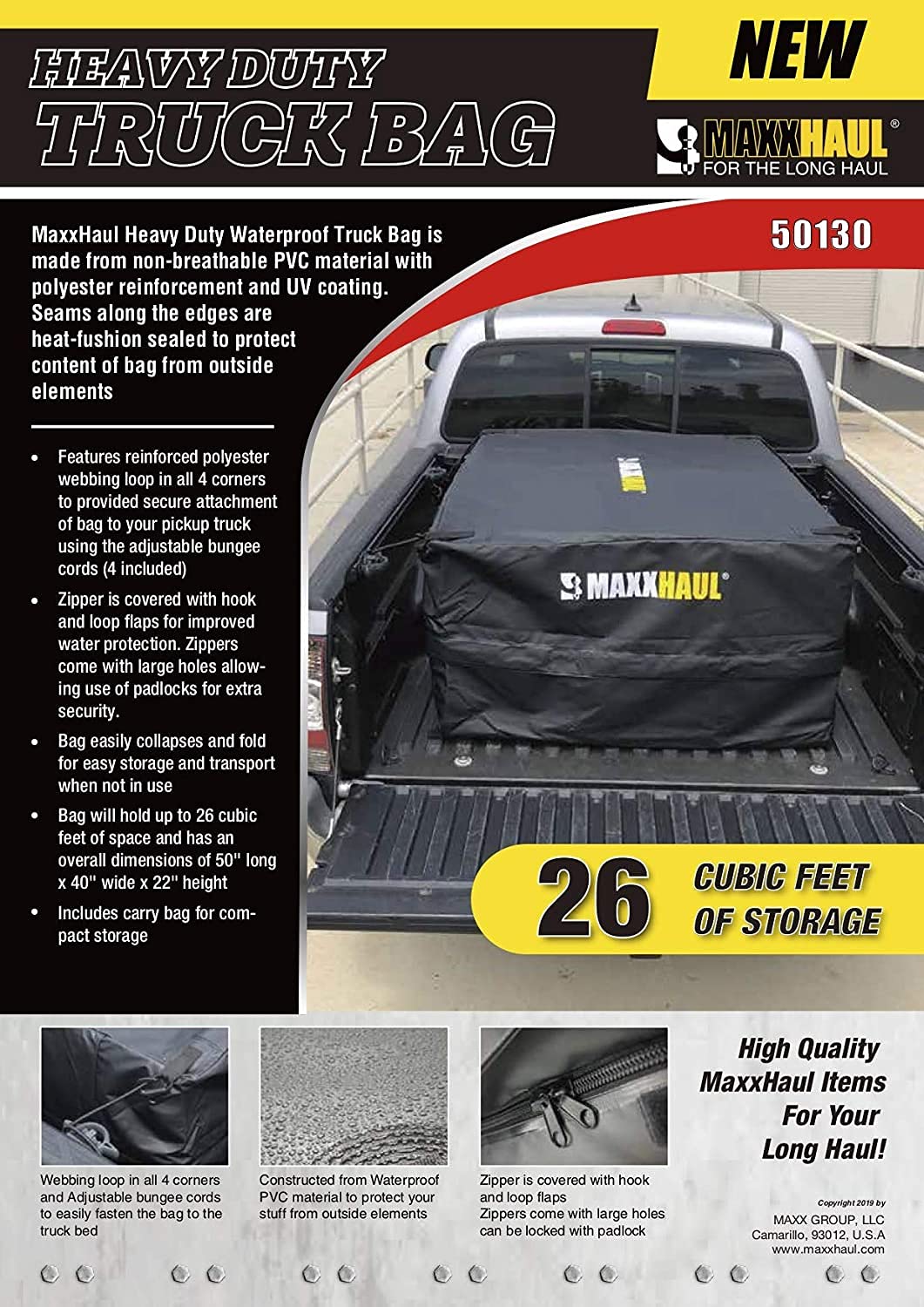 MaxxHaul 50130 Cargo Truck Bag - Heavy Duty and Water Resistant for Pick Up Truck or SUV's - 50" x 40" x 22" Black