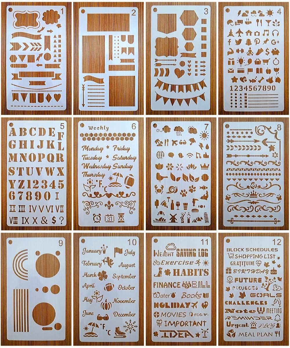 Journal Stencil Set for Dotted Journals, Journalling Supplies/Accessories Kit Includes Daily/Weekly/Monthly Calendars, Icon, Chart, Numbers,Shape