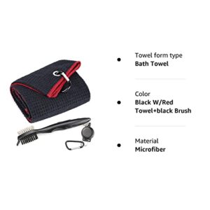 Mile High Life Microfiber Waffle Pattern Tri-fold Golf Towel | Brush Tool Kit with Club Groove Cleaner, Retractable Extension Cord and Clip (Black w/red Towel+Black Brush)