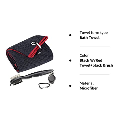 Mile High Life Microfiber Waffle Pattern Tri-fold Golf Towel | Brush Tool Kit with Club Groove Cleaner, Retractable Extension Cord and Clip (Black w/red Towel+Black Brush)