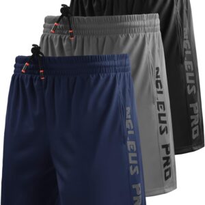 NELEUS Men's 7" Workout Running Shorts with Pockets,6056,3 Pack,Black/Grey/Navy Blue,M,EU L