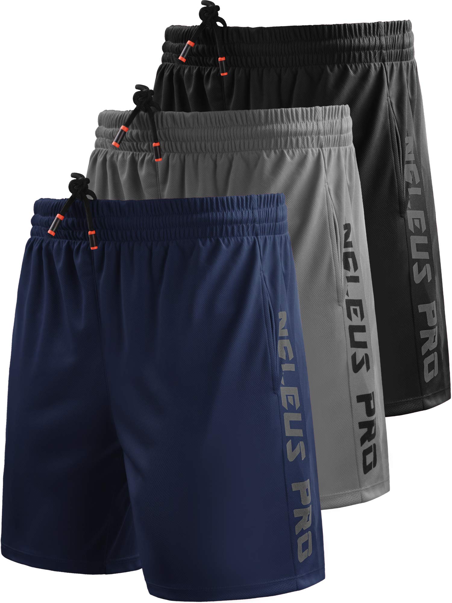 NELEUS Men's 7" Workout Running Shorts with Pockets,6056,3 Pack,Black/Grey/Navy Blue,M,EU L