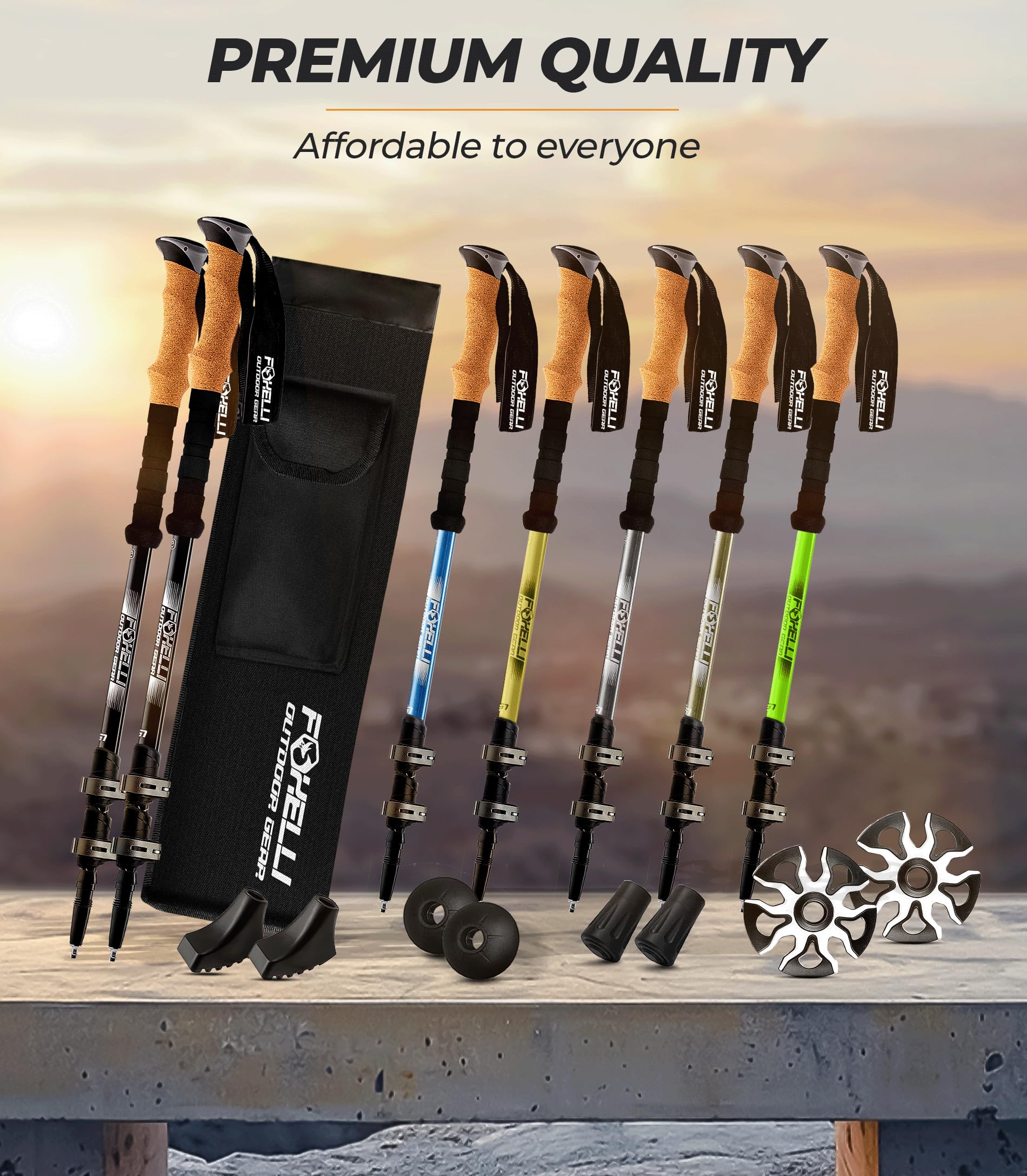 Foxelli Hiking Poles – Lightweight & Collapsible with Comfortable Cork Grips, Easily Adjustable for All Heights, Includes Carry Bag and Accessories