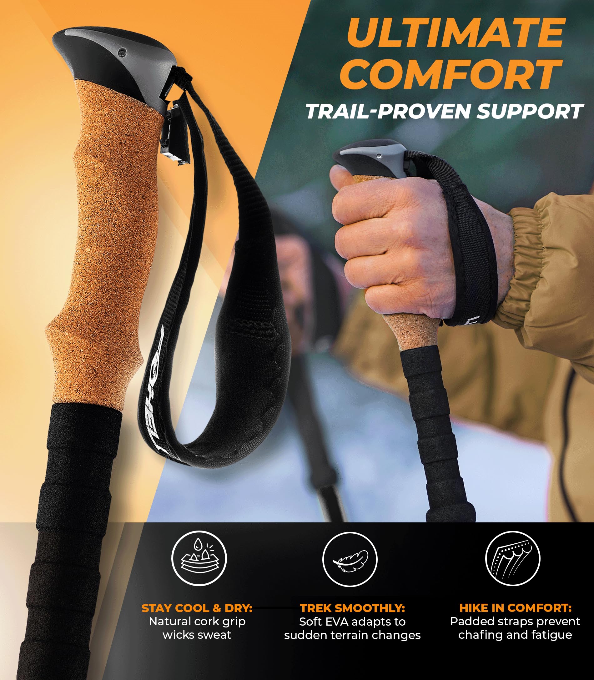 Foxelli Hiking Poles – Lightweight & Collapsible with Comfortable Cork Grips, Easily Adjustable for All Heights, Includes Carry Bag and Accessories