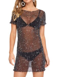 floerns women's sheer mesh see through glitter swimsuit cover up black l