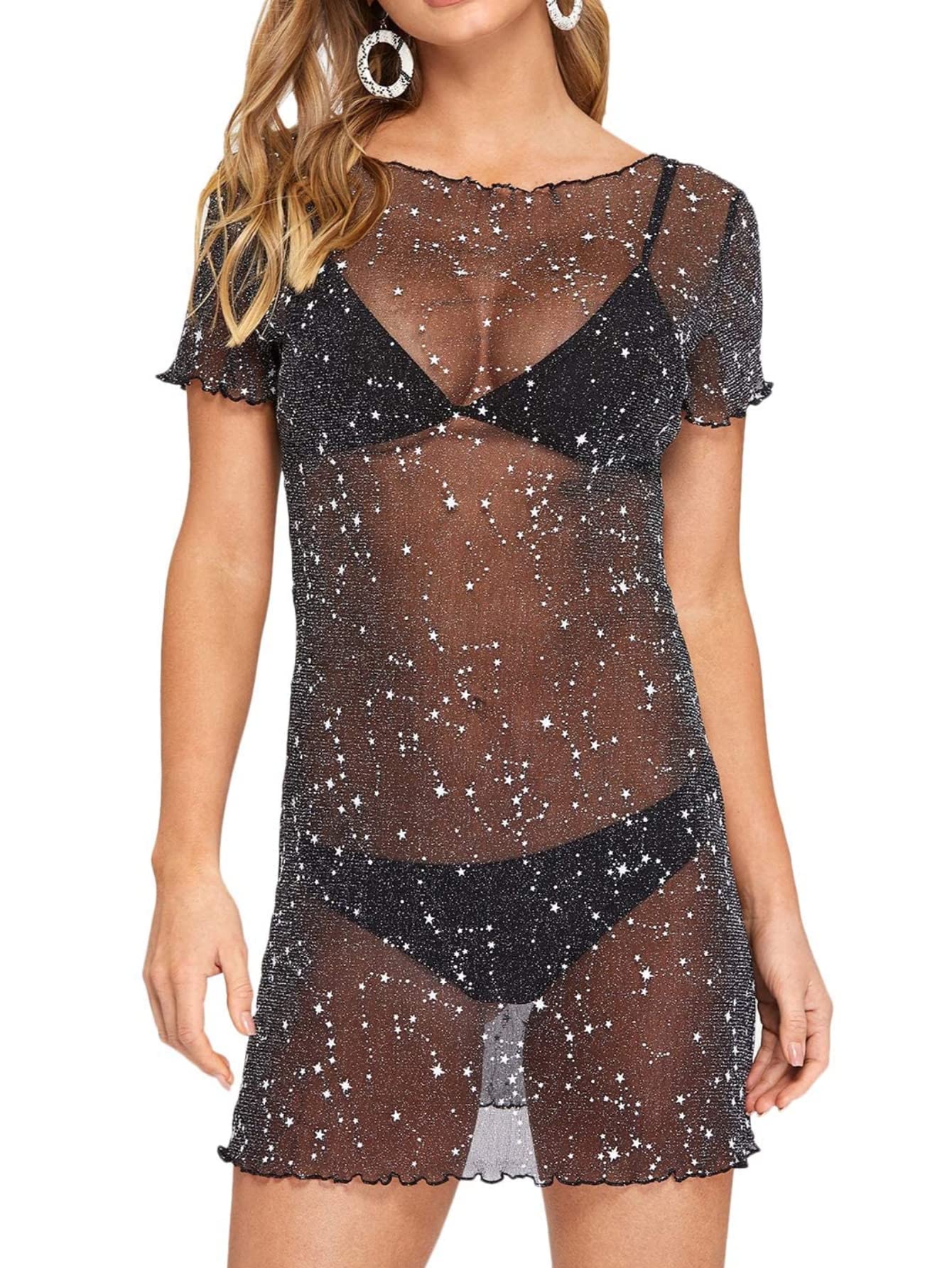 Floerns Women's Sheer Mesh See Through Glitter Swimsuit Cover Up Black L