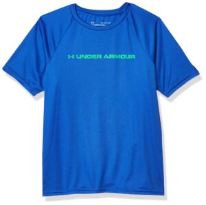 under armour tech branded tape back hit short sleeve t-shirt, versa blue (486)/vapor green, youth x-small