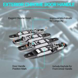 Exterior Chrome Door Handle - Compatible with 2007-2013 Chevy Avalanche, Silverado, Suburban, Tahoe, GMC Sierra, Yukon, Cadillac Escalade Pickup Truck SUV - 4 PCS Front Rear Driver & Passenger Side