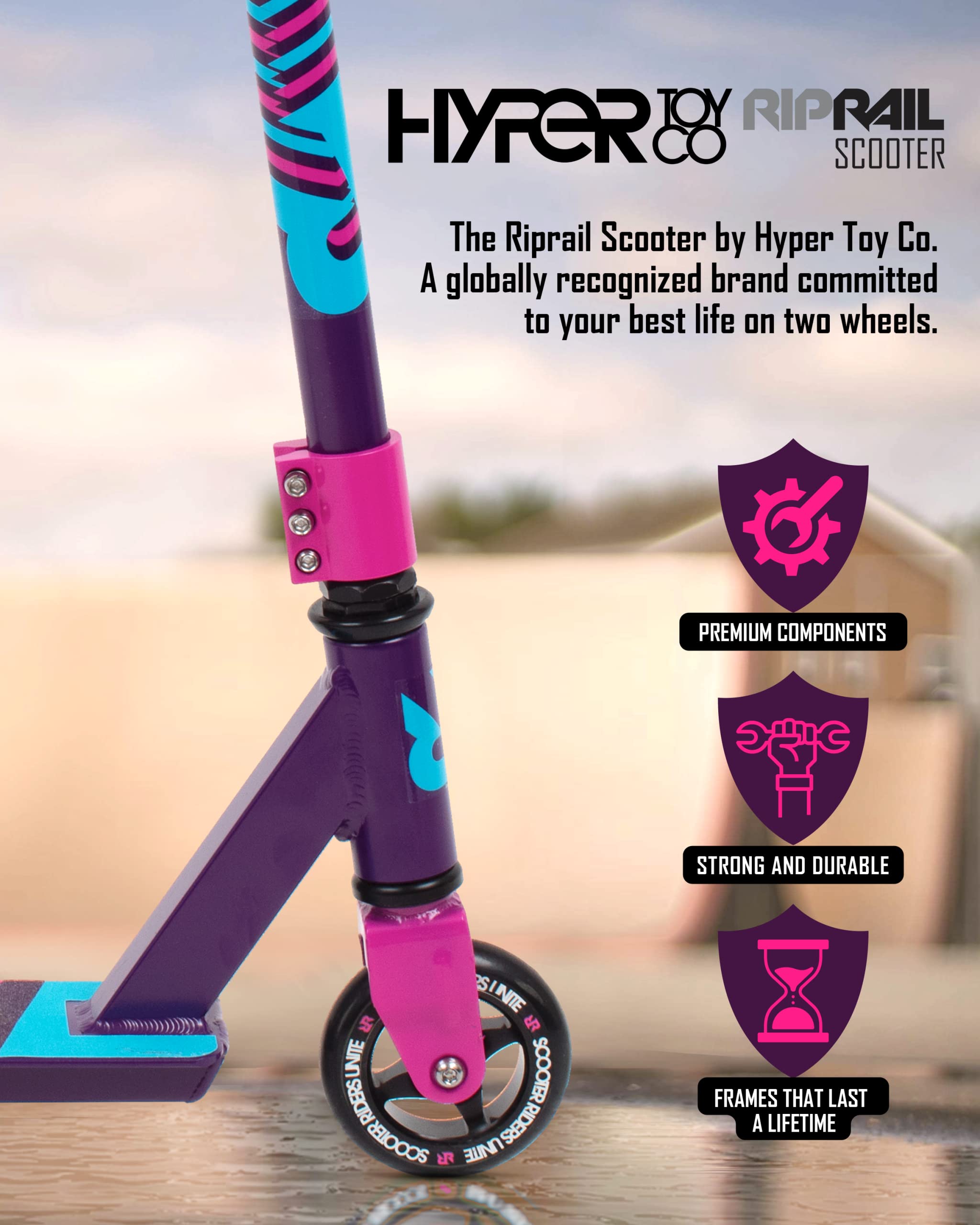 Riprail Matte Stunt Scooter for Skatepark. Pro Scooter for Kids 43" Inches and Up. Unisex Trick Scooter for All Skill Levels. Performance BMX Scooter for Beginner or Professional - Purple Haze