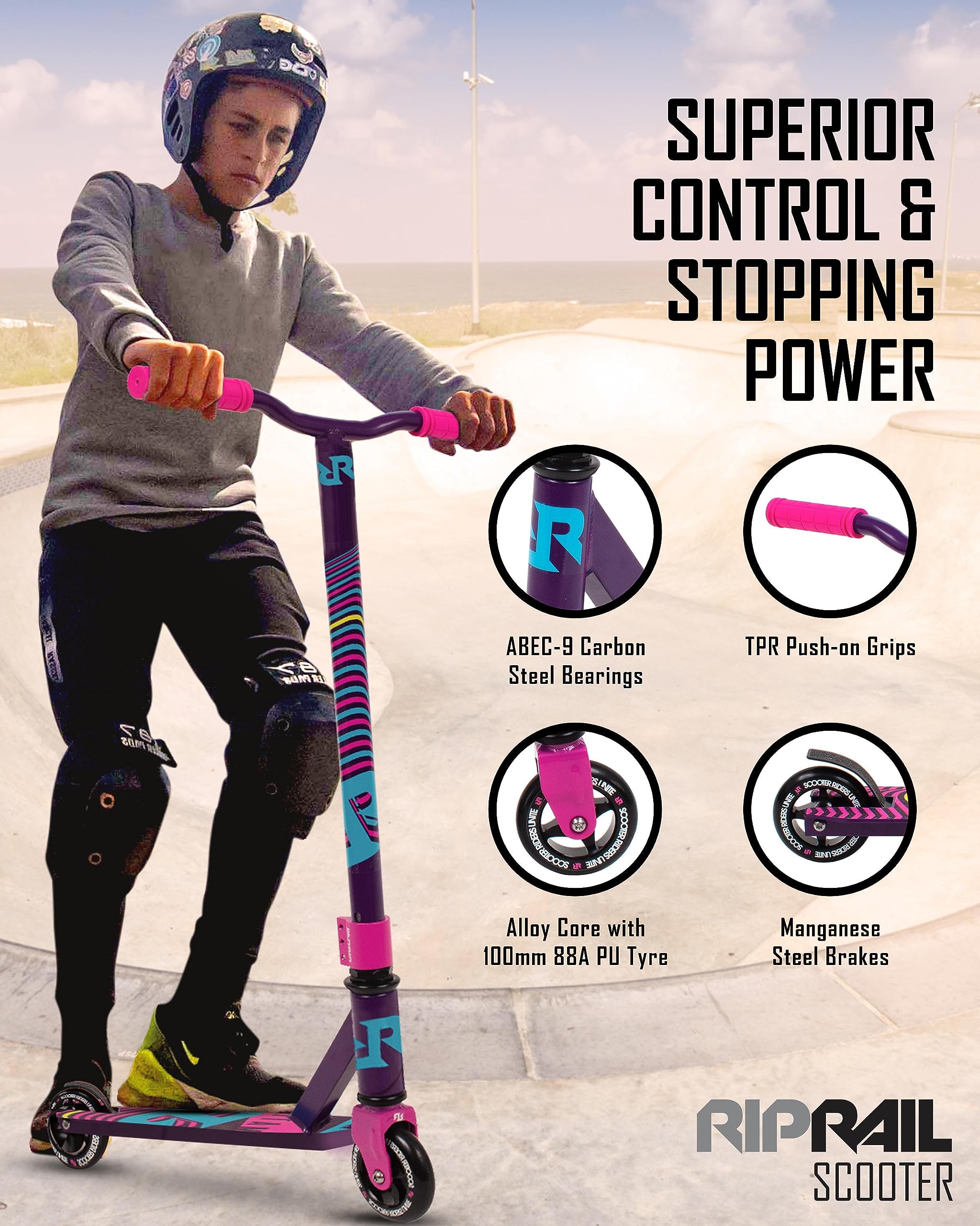 Riprail Matte Stunt Scooter for Skatepark. Pro Scooter for Kids 43" Inches and Up. Unisex Trick Scooter for All Skill Levels. Performance BMX Scooter for Beginner or Professional - Purple Haze