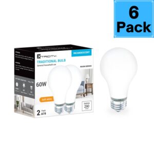 Xtricity A19 Frosted Incandescent Rough Service Light Bulb, 60 Watt, 2700K Soft White, E26 Medium Base, 550 Lumens, 130V (12 Pack)