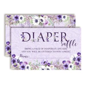 watercolor violet floral diaper raffle tickets for baby showers, 20 2" x 3” double sided insert cards for games by amandacreation, bring a pack of diapers to win favors & prizes!