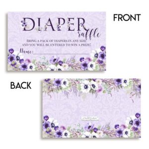 Watercolor Violet Floral Diaper Raffle Tickets for Baby Showers, 20 2" X 3” Double Sided Insert Cards for Games by AmandaCreation, Bring a Pack of Diapers to Win Favors & Prizes!