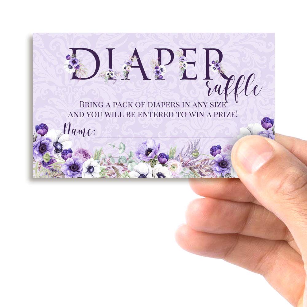 Watercolor Violet Floral Diaper Raffle Tickets for Baby Showers, 20 2" X 3” Double Sided Insert Cards for Games by AmandaCreation, Bring a Pack of Diapers to Win Favors & Prizes!