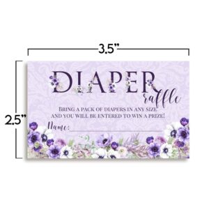 Watercolor Violet Floral Diaper Raffle Tickets for Baby Showers, 20 2" X 3” Double Sided Insert Cards for Games by AmandaCreation, Bring a Pack of Diapers to Win Favors & Prizes!