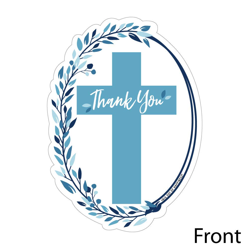 Big Dot of Happiness Blue Elegant Cross - Shaped Cards - Boy Religious Party Thank You Note with Envelopes - Set of 12