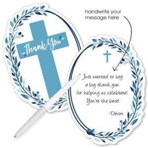 Big Dot of Happiness Blue Elegant Cross - Shaped Cards - Boy Religious Party Thank You Note with Envelopes - Set of 12