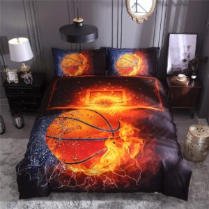 Tenghe 3D Basketball Duvet Cover Sets Fire Water Print for Teen Boys Kids Sports Bedding Sets Bed Cover 1 Duvet Cover + 1 Pillowcases(Basketball,Twin)