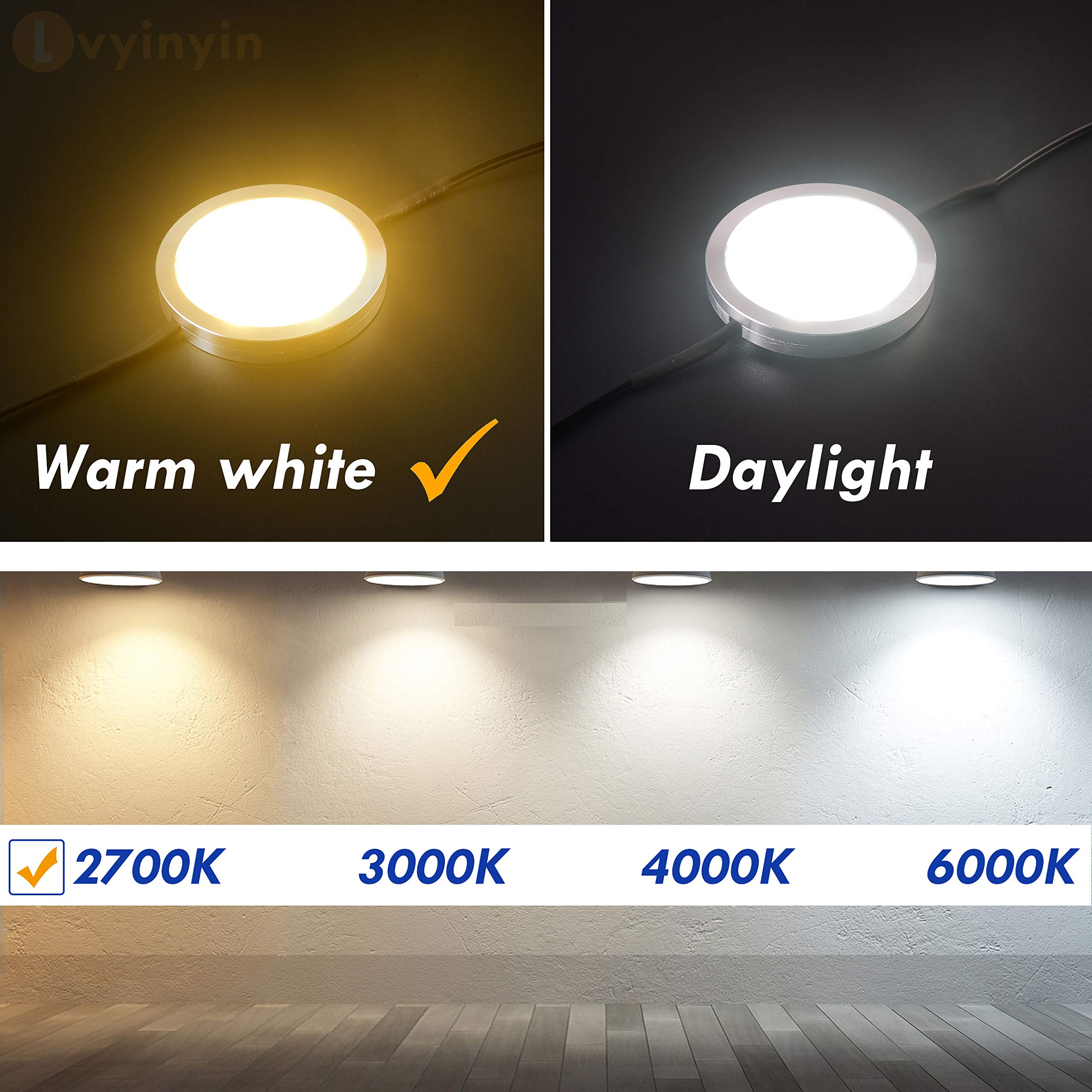 Lvyinyin Kitchen Underneath Cabinet LED Puck Light, Hutch Backsplash Back Lighting, 110V Plug in & Hardwired, Wireless RF Remote Control Dimmable, Linkable, White Wires, Warm White 2700K, 6 Lights