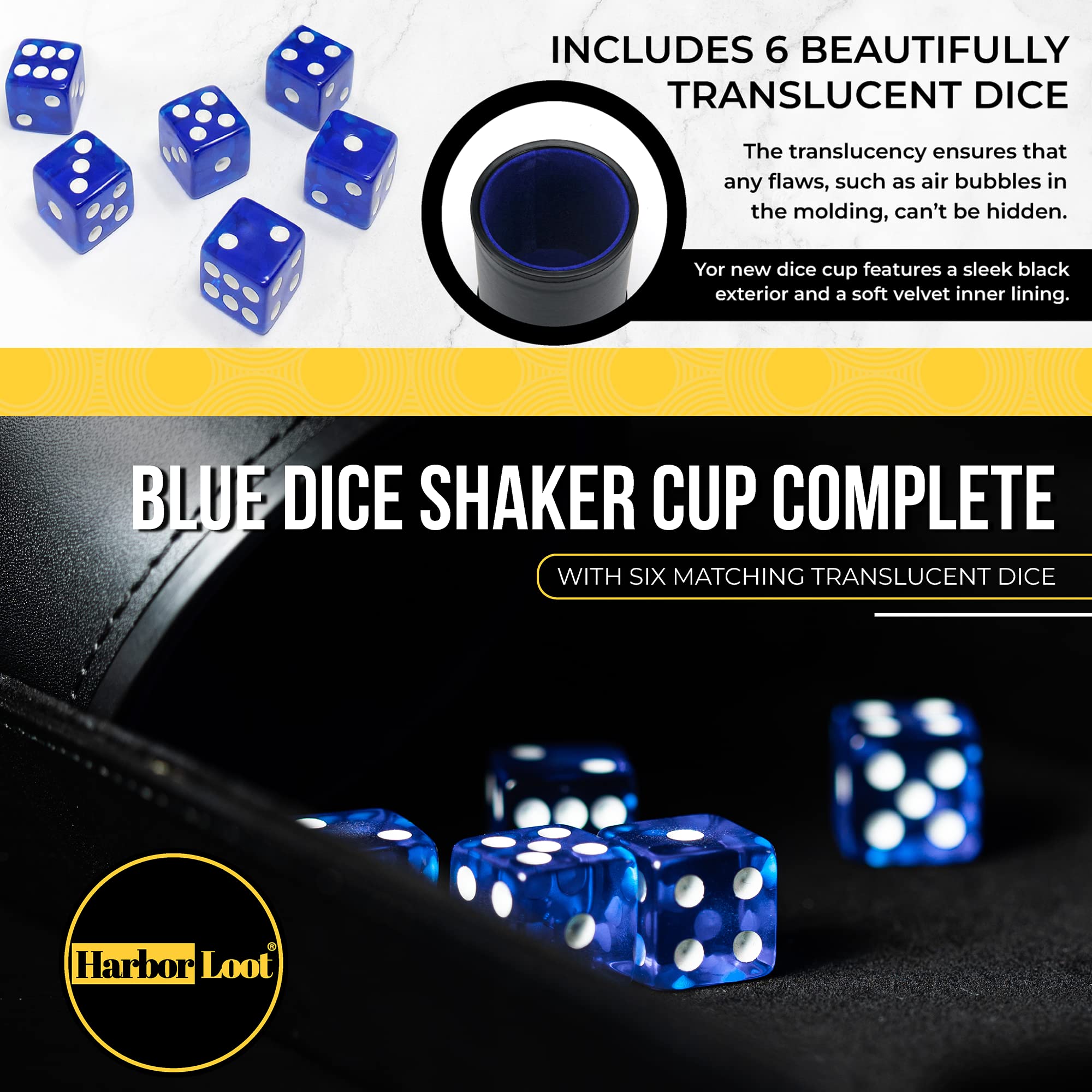 Harbor Loot Blue Dice Shaker Cup Complete with Matching Dice Set of Six Blue Translucent Dice