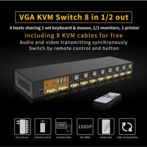 eKL VGA KVM Switch 8 Port in 2 Out Switcher 8x2 Supports Basic Keyboard and Mouse Audio USB 2.0 Devices Sharing 8 Computers